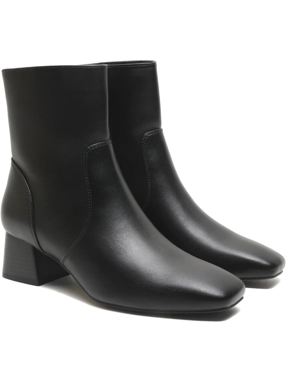 Women's Black Chunky Block Low Heel Square Toe Dress Side Zipper Ankle Booties